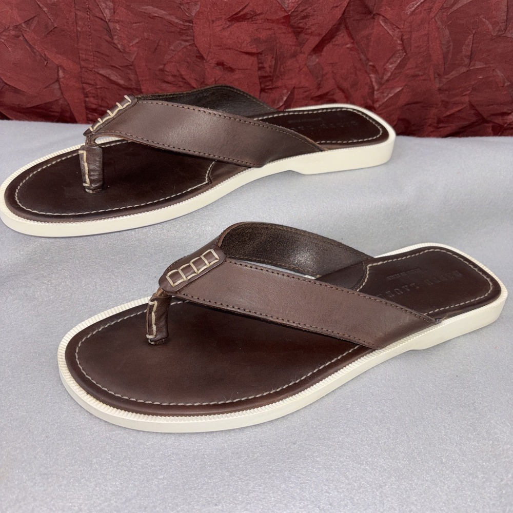 Ralph Lauren Brown Leather Thong Sandals Mens Size 10.5D Flip Flop Made In Italy